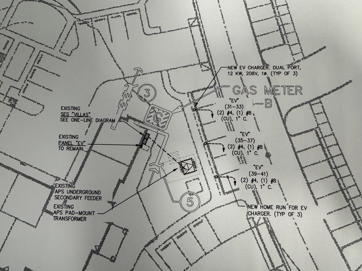 EV site plan — new dual-port charger locations, home runs, and existing panel submitted for permit