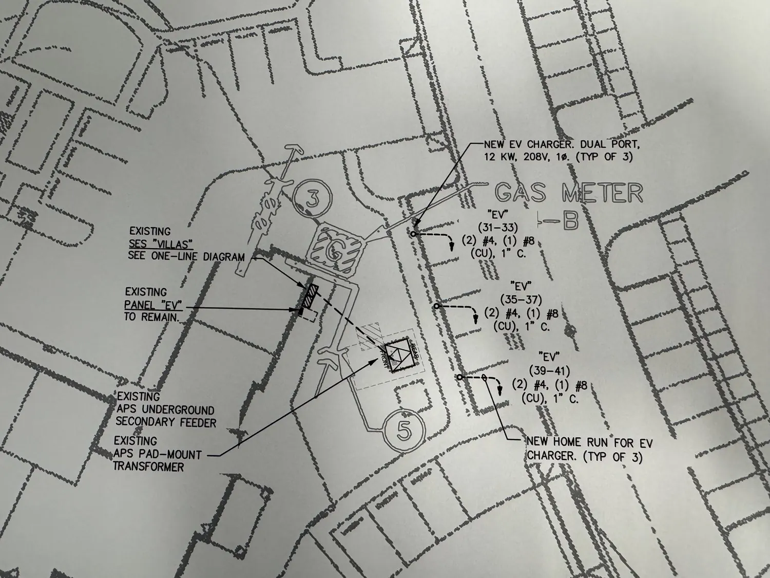 EV site plan — new dual-port charger locations, home runs, and existing panel submitted for permit