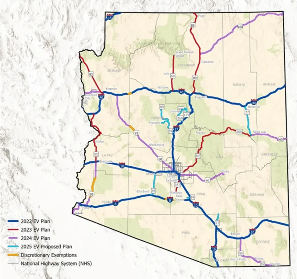 Map of the Arizona NEVI corridor where EV sites will be constructed